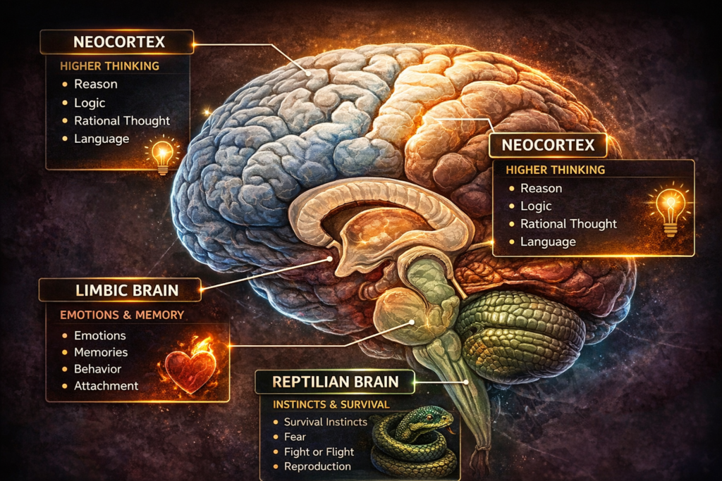 Cérebro triúno: reptiliano, sistema límbico e neocórtex