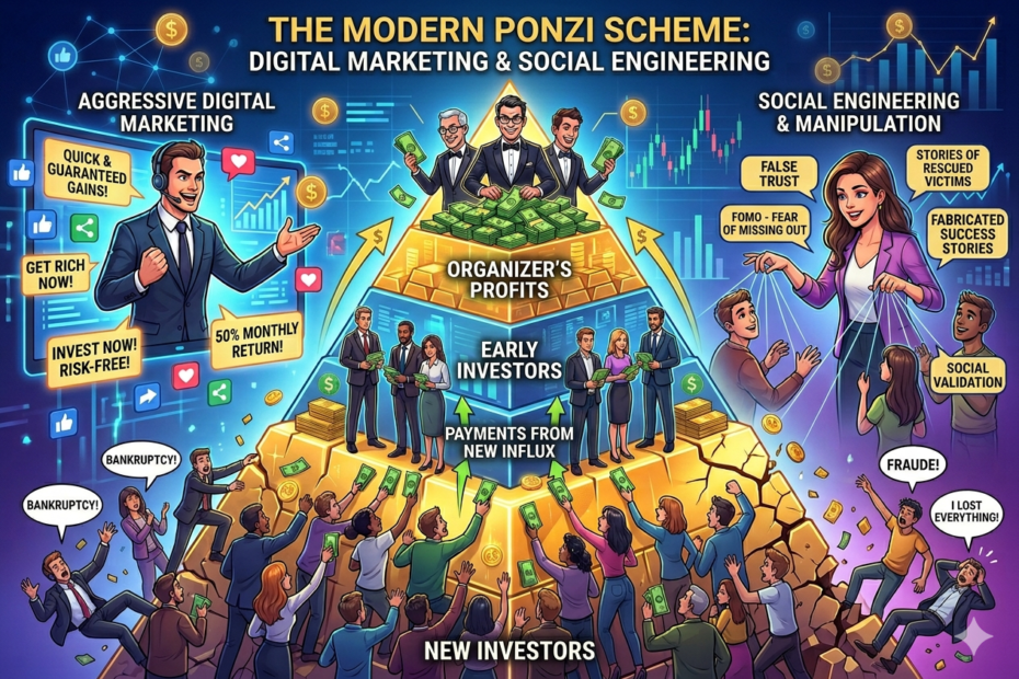Ilustração de esquema Ponzi moderno utilizando engenharia social digital e manipulação psicológica